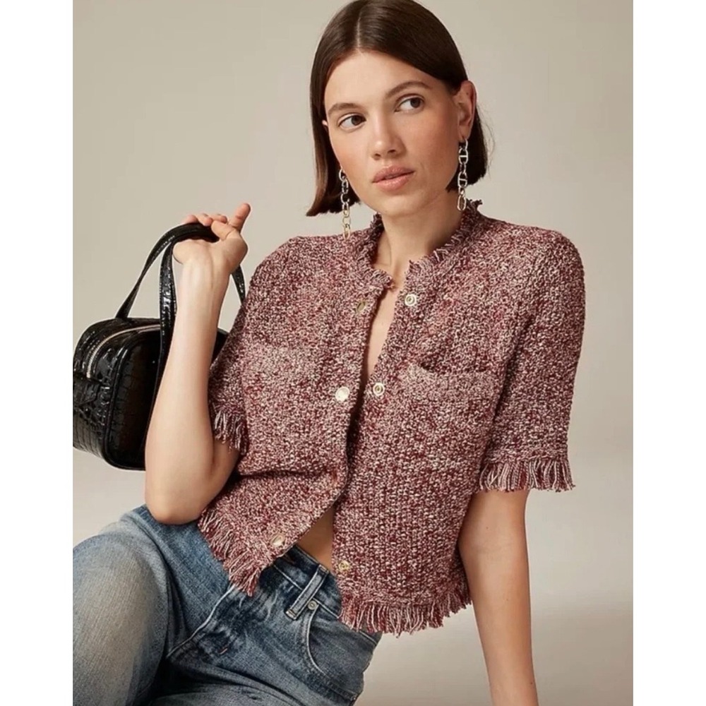 J.Crew Cropped Fringe Trim Lady Jacket Marled Merlot Ivory Gold Button Medium